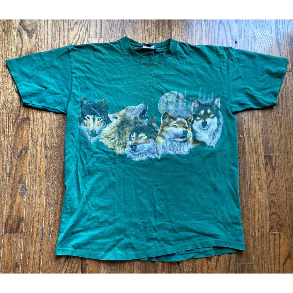 Vintage Wolf T Shirt Mens Large Green 90s Double Sided Native American Signal - Picture 1 of 10